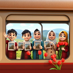 Three cheerful four-year-old Iranian Muslim boys and two girls, all animated in a colorful 3D animation style