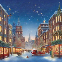 An ultra-festive cityscape with skyscrapers built purely from glittering Christmas presents, adorned with twinkling fairy lights, topped with shimmering stars, wreathed in holly, under a sky alive with darting reindeer and a vibrant Santa's sleigh.