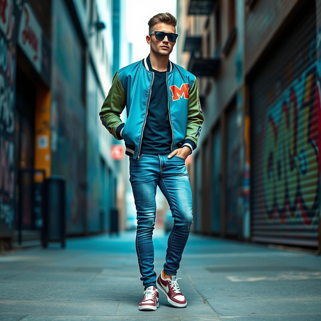 A fashionable man dressed in modern streetwear, showcasing a vibrant outfit that includes a stylish bomber jacket, fitted slim jeans, and trendy sneakers