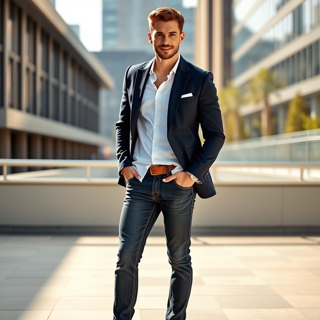 A stylish and fashionable male model wearing a chic outfit, featuring a tailored navy blazer over a crisp white shirt, slim-fit dark jeans, and stylish brown leather shoes