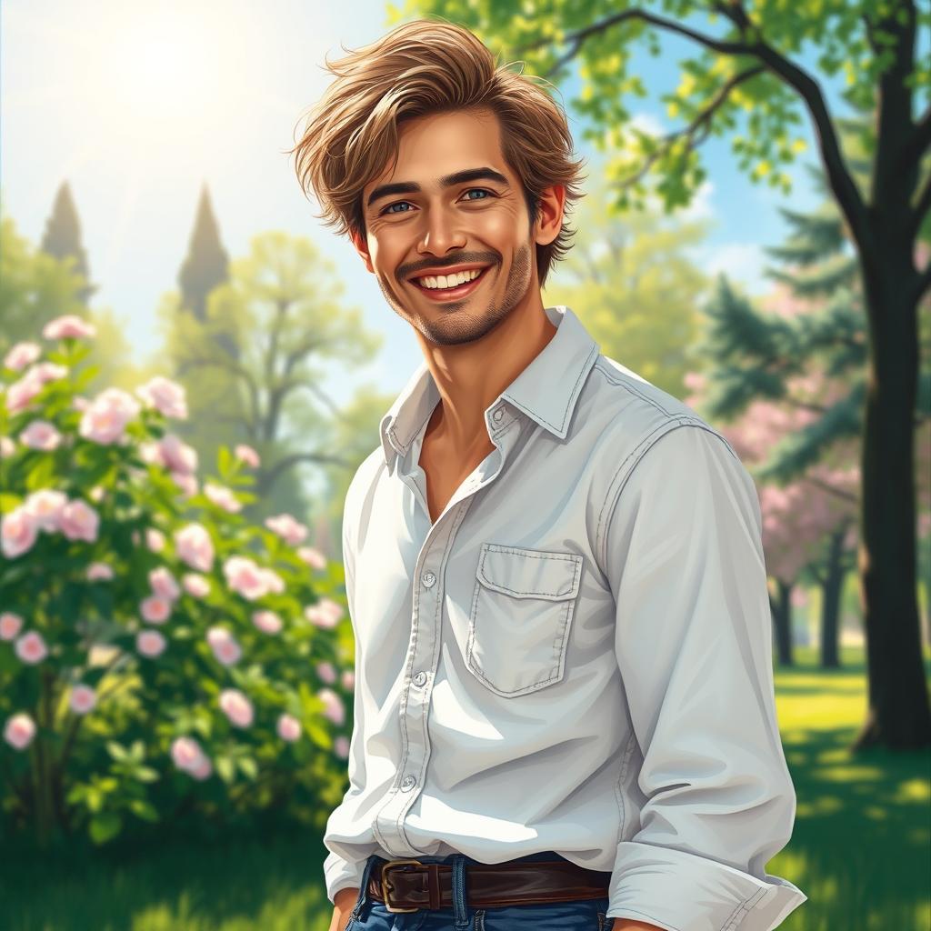 A detailed and vibrant painting of a man standing in a sunlit park, wearing a casual white shirt and dark jeans