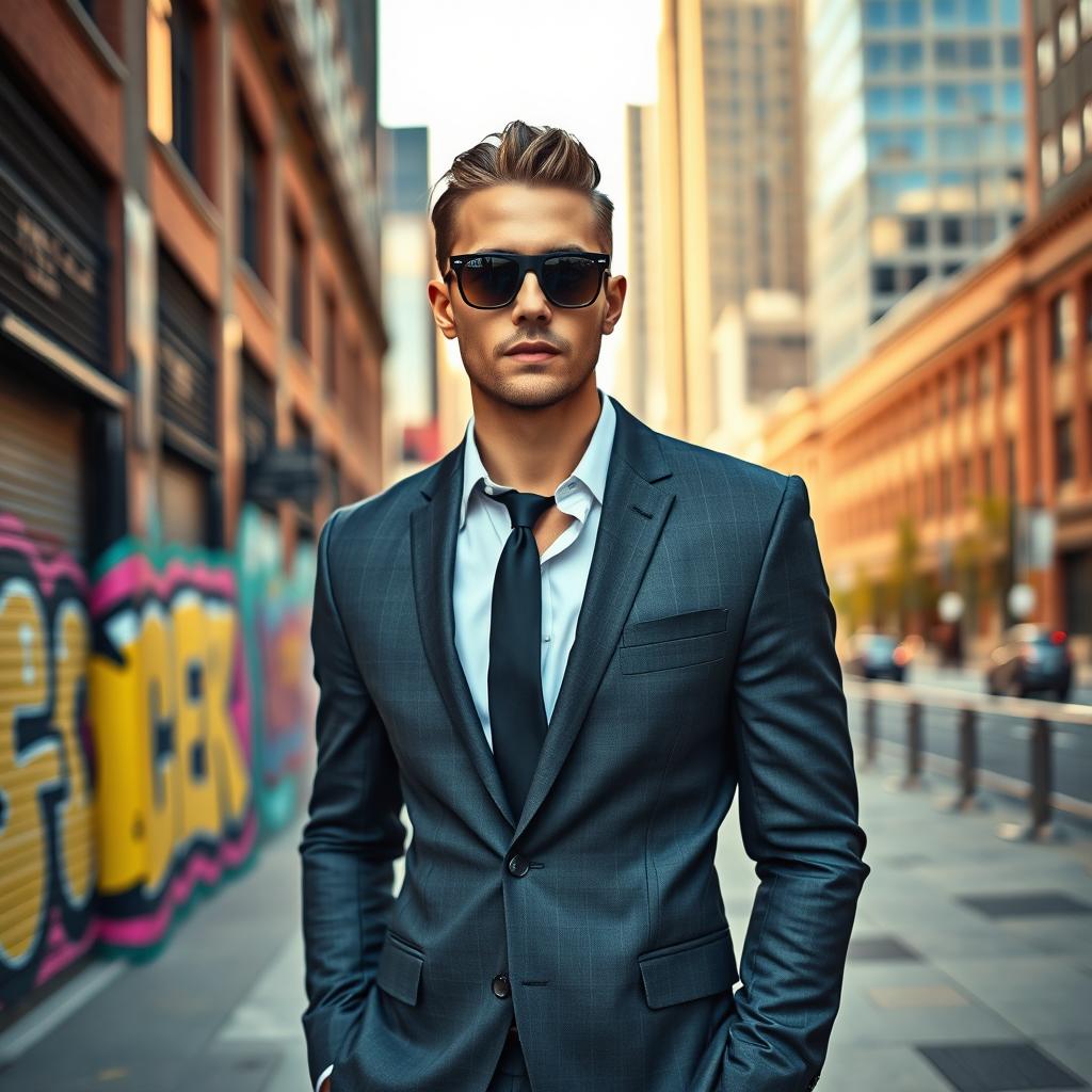 A portrait of a stylish man, dressed in a tailored suit, with a modern and fashionable design, standing confidently in an urban setting