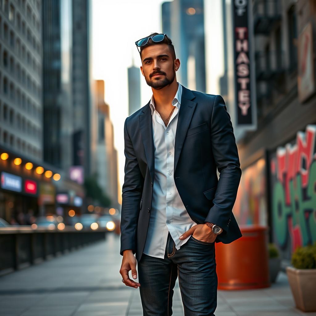 A stylish man standing confidently in a modern urban setting, wearing a tailored navy blazer over a crisp white shirt, paired with slim-fit dark jeans