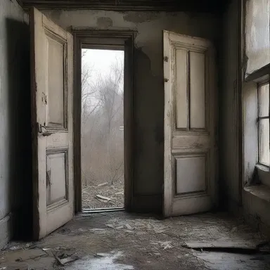 She entered the abandoned house cautiously and discovered a door left ajar, heightening her sense of dread and anticipation.