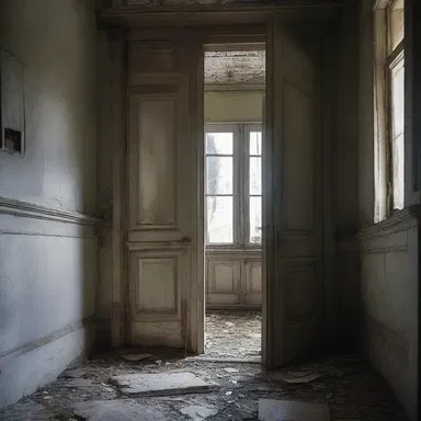 She entered the abandoned house cautiously and discovered a door left ajar, heightening her sense of dread and anticipation.