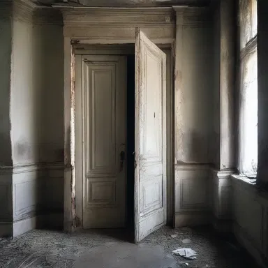 She entered the abandoned house cautiously and discovered a door left ajar, heightening her sense of dread and anticipation.