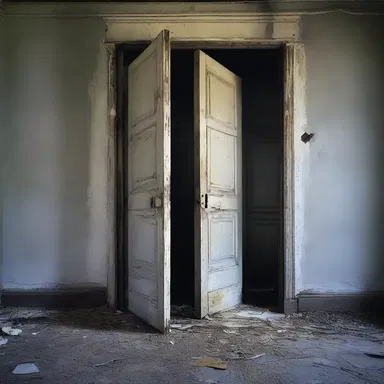 She entered the abandoned house cautiously and discovered a door left ajar, heightening her sense of dread and anticipation.