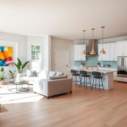 A bright and modern living room and kitchen combination with an open floor plan