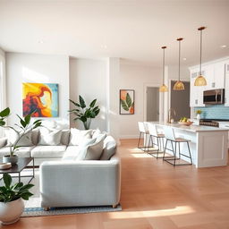 A bright and modern living room and kitchen combination with an open floor plan