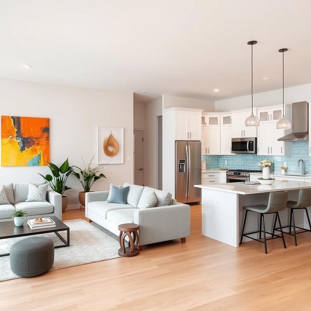 A bright and modern living room and kitchen combination with an open floor plan