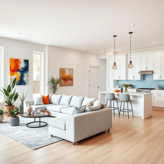A bright and modern living room and kitchen combination with an open floor plan