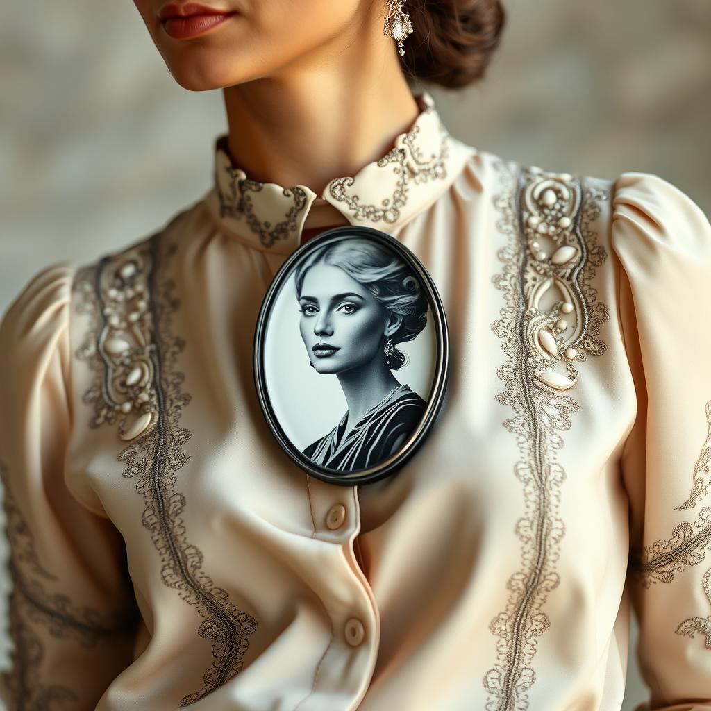 A stylish woman wearing a fashionable blouse, adorned with a unique ceramic portrait in black and white, elegantly displayed on the fabric