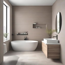 An aesthetically pleasing minimalist style bathroom with clean lines, neutral colors, and modern fixtures