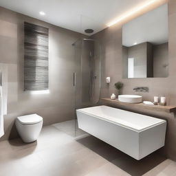 An aesthetically pleasing minimalist style bathroom with clean lines, neutral colors, and modern fixtures