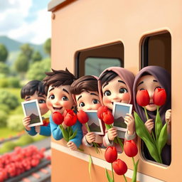 A group of joyful kindergarten-aged Iranian Muslim boys and girls animated in a colorful 3D style
