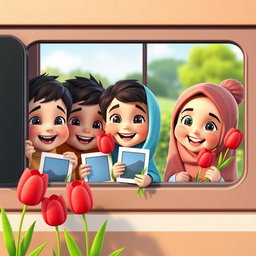 A group of joyful kindergarten-aged Iranian Muslim boys and girls animated in a colorful 3D style