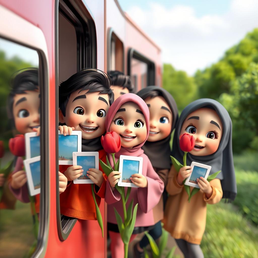A group of joyful kindergarten-aged Iranian Muslim boys and girls animated in a colorful 3D style