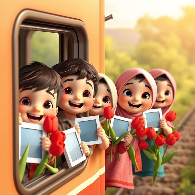 A group of joyful kindergarten-aged Iranian Muslim boys and girls animated in a colorful 3D style
