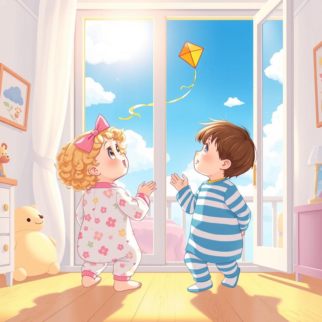 A delightful illustration showing two one-year-old twins, a girl and a boy, mesmerized as they watch a colorful kite flying high in the sky through their bedroom glass door