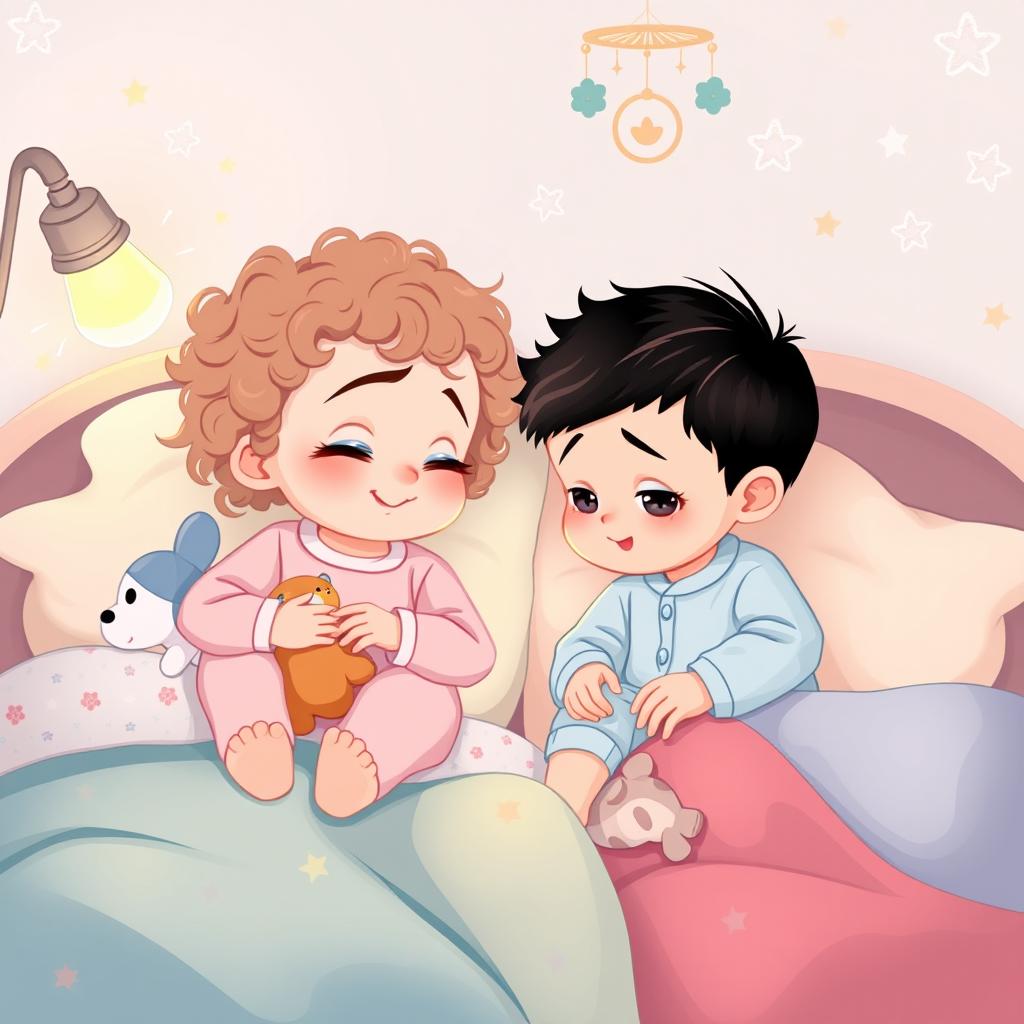 A heartwarming illustration of two one-year-old twins, a girl and a boy, whispering to each other in their cozy beds