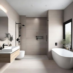 An aesthetically pleasing minimalist style bathroom with clean lines, neutral colors, and modern fixtures