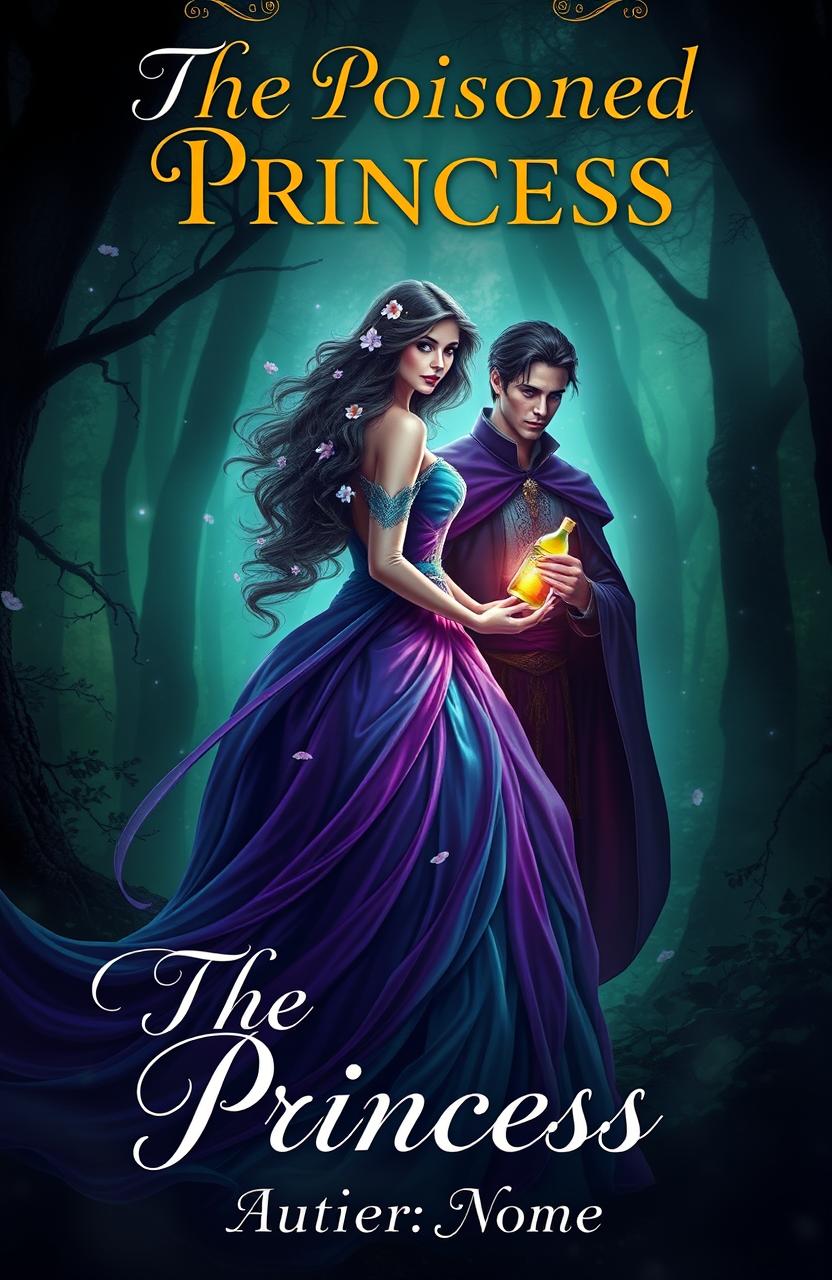 A captivating book cover featuring a dark, enchanted forest with an elegant, poisoned princess dressed in a flowing gown that shimmers in shades of emerald and violet