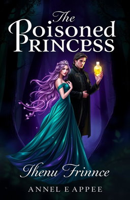 A captivating book cover featuring a dark, enchanted forest with an elegant, poisoned princess dressed in a flowing gown that shimmers in shades of emerald and violet