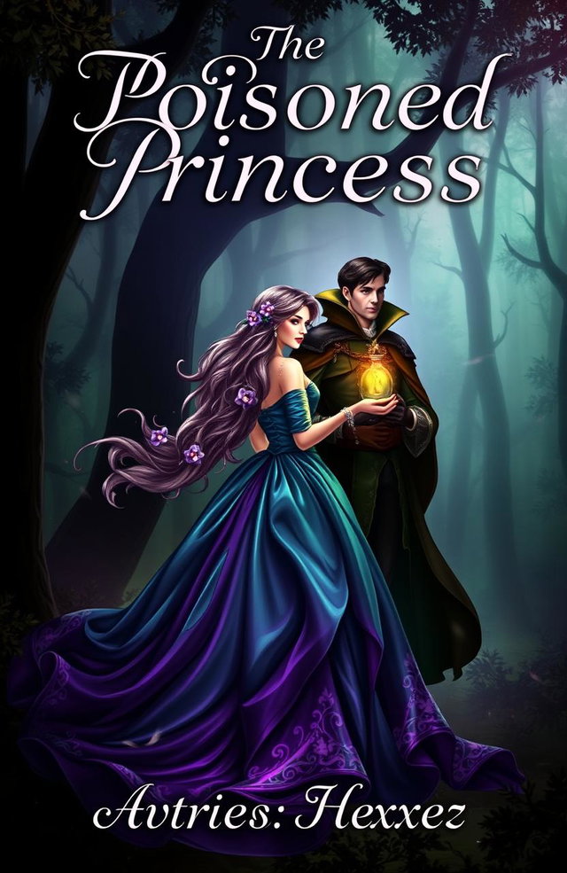 A captivating book cover featuring a dark, enchanted forest with an elegant, poisoned princess dressed in a flowing gown that shimmers in shades of emerald and violet