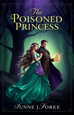 A captivating book cover featuring a dark, enchanted forest with an elegant, poisoned princess dressed in a flowing gown that shimmers in shades of emerald and violet