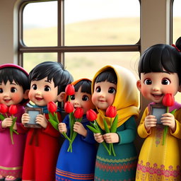 A group of animated 3D kindergarteners, including both baby boys and girls, all dressed in colorful attire, looking out of a train window with excitement
