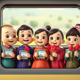 A group of animated 3D kindergarteners, including both baby boys and girls, all dressed in colorful attire, looking out of a train window with excitement