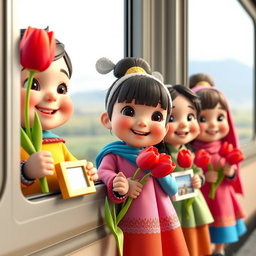 A group of animated 3D kindergarteners, including both baby boys and girls, all dressed in colorful attire, looking out of a train window with excitement