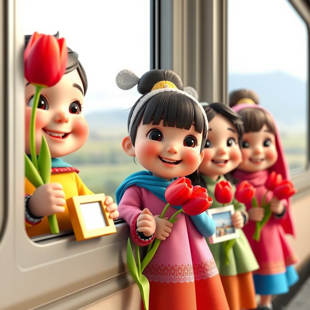 A group of animated 3D kindergarteners, including both baby boys and girls, all dressed in colorful attire, looking out of a train window with excitement
