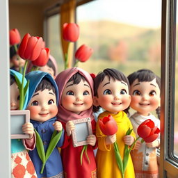 A group of animated 3D kindergarteners, including both baby boys and girls, all dressed in colorful attire, looking out of a train window with excitement