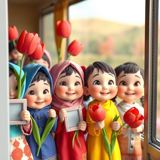 A group of animated 3D kindergarteners, including both baby boys and girls, all dressed in colorful attire, looking out of a train window with excitement