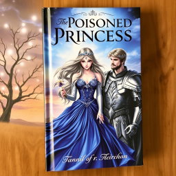 A stunning book cover that showcases a mystical landscape featuring a poisoned princess in a stunning gown of deep blue and silver threads, symbolizing her royal lineage