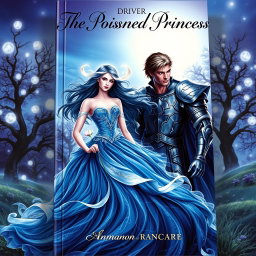 A stunning book cover that showcases a mystical landscape featuring a poisoned princess in a stunning gown of deep blue and silver threads, symbolizing her royal lineage