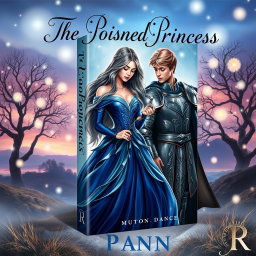 A stunning book cover that showcases a mystical landscape featuring a poisoned princess in a stunning gown of deep blue and silver threads, symbolizing her royal lineage