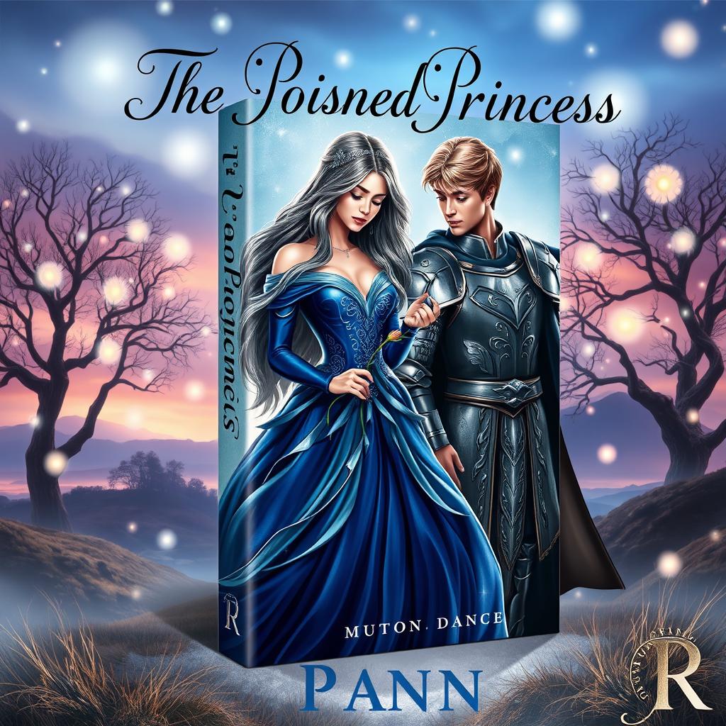 A stunning book cover that showcases a mystical landscape featuring a poisoned princess in a stunning gown of deep blue and silver threads, symbolizing her royal lineage