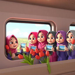 A group of several animated 3D Iranian Muslim kindergarten girls, all wearing colorful traditional clothing, looking out of a train window with cheerful expressions