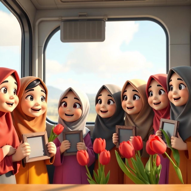 A group of several animated 3D Iranian Muslim kindergarten girls, all wearing colorful traditional clothing, looking out of a train window with cheerful expressions