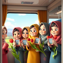 A group of several animated 3D Iranian Muslim kindergarten girls, all wearing colorful traditional clothing, looking out of a train window with cheerful expressions