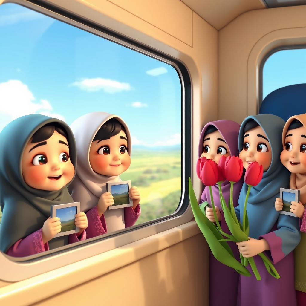 A group of several animated 3D Iranian Muslim kindergarten girls, all wearing colorful traditional clothing, looking out of a train window with cheerful expressions