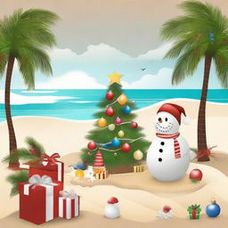 A beautiful beach setting on Christmas day, decorated with a festive Christmas tree standing on the sand, gifts around, ornaments hanging from palm trees and a snowman made of sand.