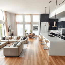 A stylish and contemporary living room and kitchen layout showcasing a seamless open concept