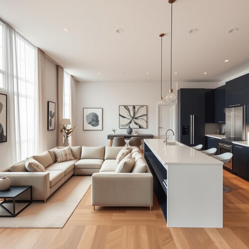 A stylish and contemporary living room and kitchen layout showcasing a seamless open concept