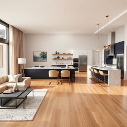 A stylish and contemporary living room and kitchen layout showcasing a seamless open concept