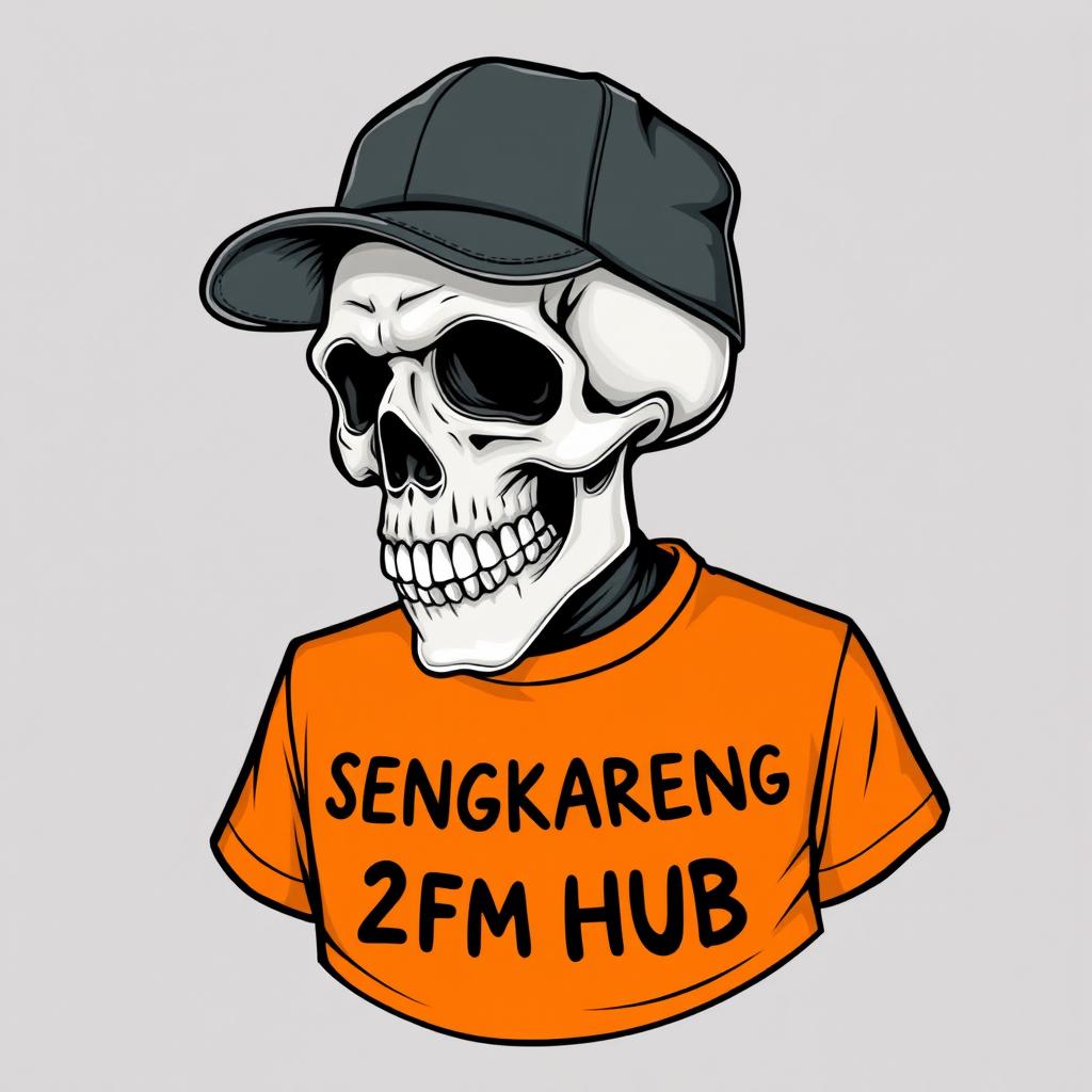 A creative illustration of a skull wearing a hat and an orange shirt that has the text 'SPX CENGKARENG 2 FM HUB' printed on it