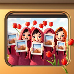 A vibrant scene depicting several animated 3D Iranian Muslim kindergarten girls, viewed through a train window