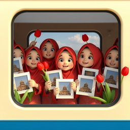 A vibrant scene depicting several animated 3D Iranian Muslim kindergarten girls, viewed through a train window